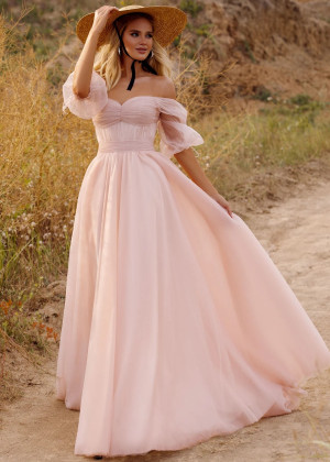 Off Shoulder Blush Tulle Pleated Wedding Dress